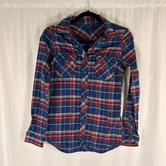 KHUL Flannel Shirt Womens XS Blue Red Plaid Button Up Long Sleeve 100% Polyester - Picture 1 of 8